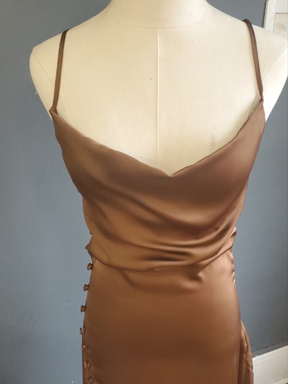 Chocolate Satin Slip Feel Slip Dress with Side Button Slit - Picture 3 of 17